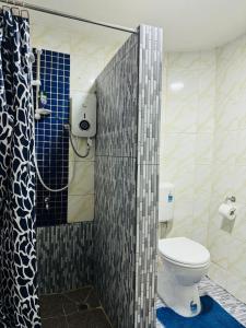 a bathroom with a toilet and a shower stall at Nadi Holiday House in Nadi