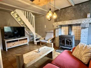 a living room with a tv and a fireplace at Le Fournil in Manhay