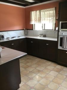 a kitchen with black cabinets and a white microwave at Villa on Ferguson in Ipswich