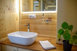 a bathroom with a white bowl sink on a counter at Bostebacken Gard Tiny House by Tiny Away in Eckerud