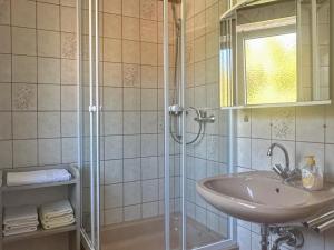 a bathroom with a sink and a shower at Talblick in Schönbrunn