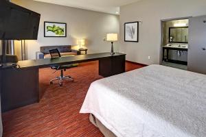 a hotel room with a desk and a bed at Hampton Inn and Suites Ada in Ada +22 photos