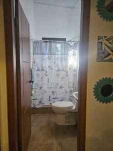 a bathroom with a toilet and a shower curtain at Sea view house in Utila +23 photos