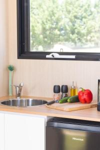 a kitchen counter with a sink and vegetables on a cutting board at Beckford Tiny House 1 by Tiny Away in Good Hope