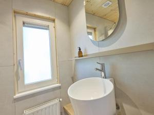a bathroom with a white sink and a mirror at Huisje Joep in Goedereede +32 photos