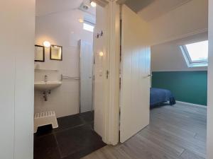 a bathroom with a sink and a toilet and a mirror at Op de Beemd in Zeeland