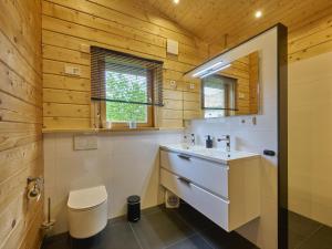 a bathroom with a white sink and a toilet at Bie Leentje op de wei in Schinnen +39 photos
