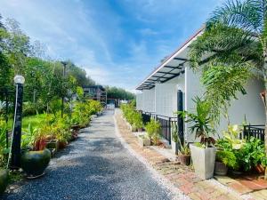 a pathway lined with potted plants next to a building at Thawat Villa Boutique Resort in Ko Lanta