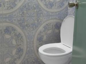 a bathroom with a toilet with blue and white tiles at Verde Royale Resort in Calasiao +16 photos