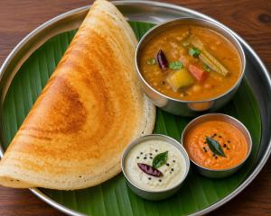 a plate with a piece of bread and two bowls of soup at Vijay palace 850 meter away from Ram mandir in Ayodhya