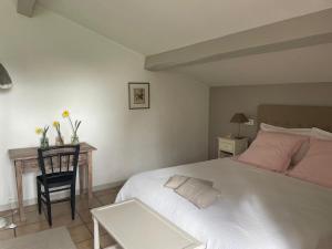a bedroom with a bed and a desk with a chair at Le Clos du Plantis in Sonnac