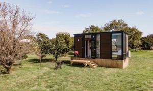 a tiny house in a field with a picnic table at Tiny Balloon House by Tiny Away in Canowindra