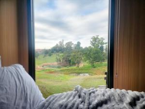 a bedroom window with a view of a green field at Tiny Inja 2 by Tiny Away in Comleroy