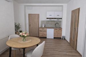 a kitchen with a table and chairs and a refrigerator at Apartmány Bojnický Vínny Dom in Bojnice