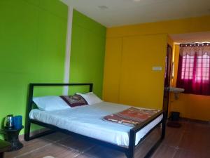 a bed in a room with green and yellow walls at Pani thuzhi in Salem