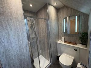 a bathroom with a shower and a toilet and a mirror at Kildonan House Bed and Breakfast in Corpach