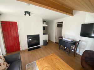 a living room with a red door and a black cat on the wall at Den Doezel in Vorden