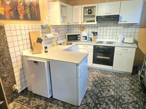 a kitchen with white cabinets and a counter top at Ferienwohnung in der Siedlung in Klinga +8 photos