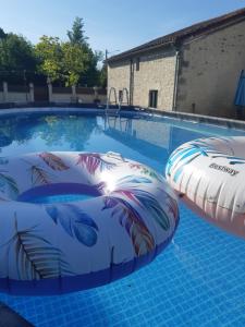 an empty swimming pool with two inflatable tubes in it at The Old Forge in La Ressière