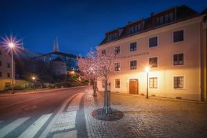 a street at night with a building and a tree at Garni Hotel Zum Hothertor in Görlitz