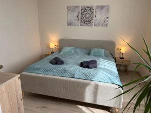 a bedroom with a bed with blue sheets and pillows at K&T Apartman in Szentendre