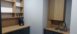 a kitchen with a sink and wooden cabinets at Central Studio Abrud in Aktenburg