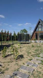 a garden with a house and a playground at A-frame Dor De Aer in Herneacova