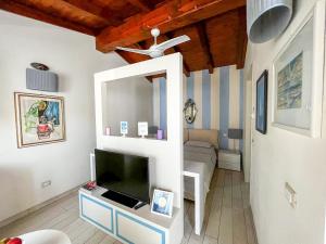 a living room with a tv and a mirror at Sonomusica B&B in Gazzola Di Rivalta