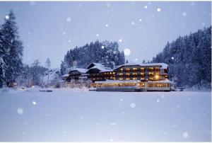 a building covered in snow with a snow covered field at Parkhotel Tristachersee in Lienz