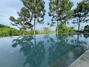 an empty swimming pool with trees in the background at Pine Hill Villa 3 Vì in Ba Vì