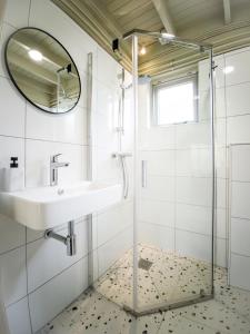 a bathroom with a sink and a shower at Kamille | 4 persons in Gasselte