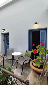 a patio with a table and chairs and a potted plant at Blue house II in Palekastron