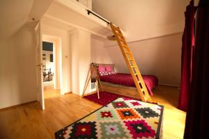 a room with a bed and a ladder and a pillow at Haus im Rübental in Bad Dürkheim