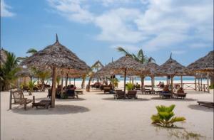 a beach with chairs and straw umbrellas on the beach at 27Azmaa hotel & safaris in Zanzibar City