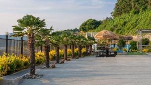 a walkway with palm trees and a table and chairs at Yeosu Wayo Ocean View Pension in Yeosu