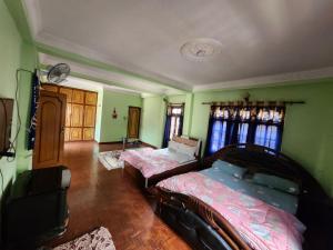a bedroom with two beds and green walls at Om Raghav Homestay in Kathmandu