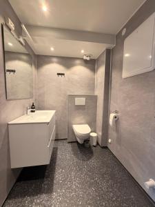 a bathroom with a sink and a toilet at Historic Strandgata 36 in Tromsø