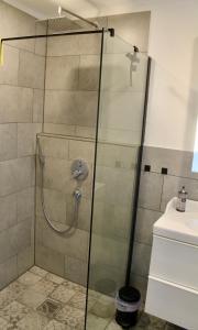 a shower with a glass door in a bathroom at Panoramablick am Herzoghof in Obing +18 photos