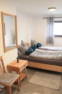 a bedroom with a bed and a mirror and a chair at Panoramablick am Herzoghof in Obing