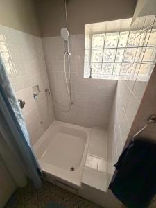 a white bathroom with a shower and a tub at Donau Apartment in Sinzing