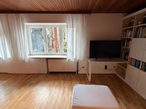 an empty living room with a tv and a window at Donau Apartment in Sinzing