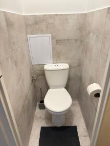 a bathroom with a white toilet and a toilet paper dispenser at Apartmán Športovcov in Dolný Kubín +5 photos