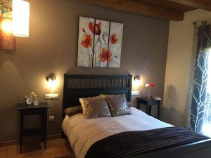 a bedroom with a bed with two tables and a painting at Casa Salto de Roldán in Apiés