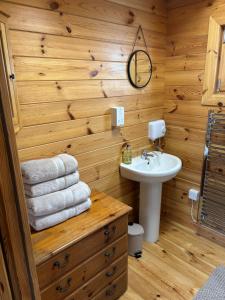a bathroom with wooden walls and a sink and a mirror at Trelew Farm Log Cabin in Penzance