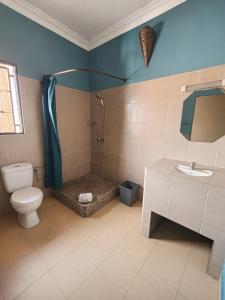 a bathroom with a shower with a toilet and a sink at Hôtel la medina in Antananarivo +5 photos