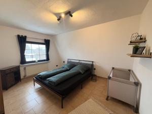 a bedroom with a bed in a room with a window at Ferienwohnung "Zum Pfadfinder" in Thalfang
