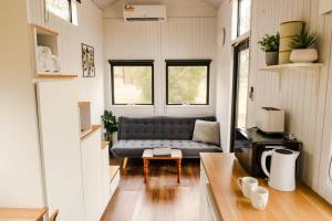 a living room with a couch and a table at Odyssean Tiny House A by Tiny Away in Cessnock