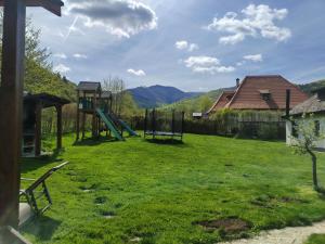 a playground with a slide in a yard at Căsuța din Rusca in Sebeşu de Jos +34 photos