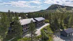 an aerial view of a building with a mountain in the background at Tännäskröket in Tännäs