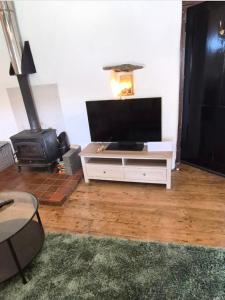 a living room with a tv and a stove at Dean Linhay in Lynton